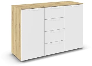 Rauch Möbel ADITIO, Kommode, Farbe Weiß/Eiche Artisan, Breite 120 cm | Sideboard im modernen Look, 2-türig, 4 Schubladen, Soft-Close-Funktion, für Schlafzimmer, Gästezimmer, Wohnzimmer, Flur