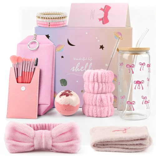 TORVEX Gifts for Teenage Girls Women Her, Glass Cup with Lid and Straw,Pink | Birthday Gifts for Girls Age 9-14, Makeup Brushes, Cosmetic Bag, Bracelets, Hairband, Socks, Gift Box Set