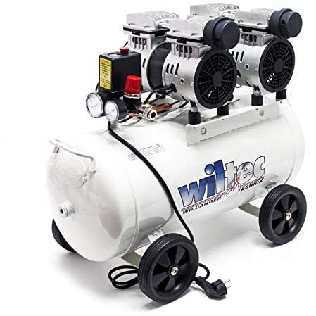 WilTec Compresseur d’air sans Huile avec Réservoir de 50l 2CV, 220l/m und 2x750W Silencieux Outil d’Atelier