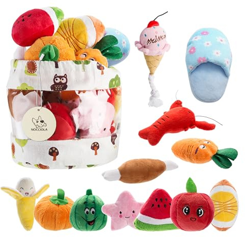 Nocciola - Confezione da 12 giocattoli per cani di taglia piccola e media, giocattoli per animali domestici, giocattoli con squeak, giocattoli di peluche, borsa per il trasporto