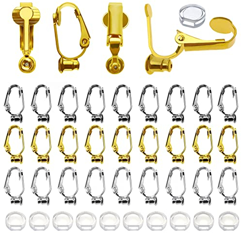 TOAOB 24 Piezas Cierres Clip de Pendientes No Perforados Seguridad 20 X 10 mm Dorado Plata Conjunto Convertidor de Metal Acero y 24 Piezas de Almohadillas de Silicona para Hacer Joyas de Bricolaje