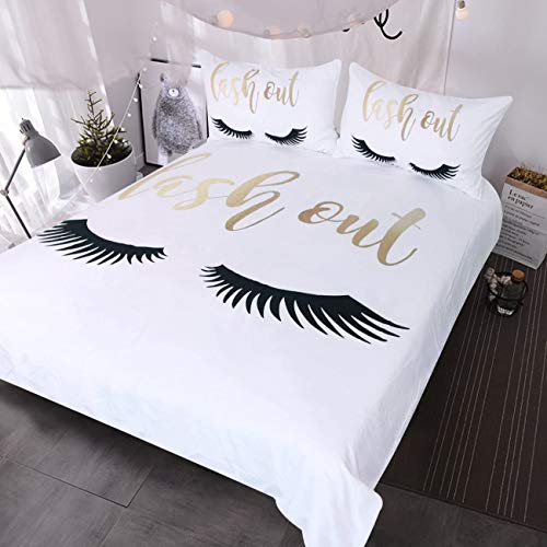 BlessLiving Wimpern Bettwäsche Gold und Schwarz Cute Eyes Pattern Bettbezug Set 2 Stück Lustiger Bettbezug für Fashion Girls (1 Bettbezug 135 x 200 cm +1 Kissenbezug 80 x 80 cm)