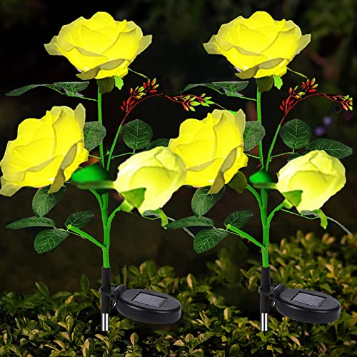 eaaerr Solarlampen für Außen Garten 2 Stück Solarleuchten Garten mit 6 größere Rosenblüte,Wasserdicht LED Solarleuchten Garten Deko für Weihnachts,Balkonkasten,Blumenkästen und Terrasse (Gelb)