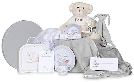 BebeDeParis Canastilla Bebe Personalizada, Cesta Completa con Vajilla para Recién Nacidos, Set de Regalos de Algodón para Niño/Niña, Ideal para Regalo, Baby Shower, Personalización Corporativa