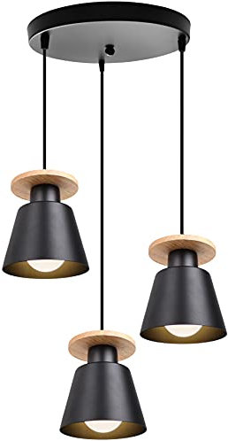 TOKIUS Pendelleuchte Vintage 3-flammig Hängelampe Holz Metall Lampenschirm Industrial Hängelleuchte Deckenlampe für Wohnzimmer Esszimmer (Schwarz, Typ A)