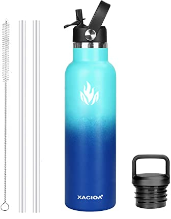 XACIOA Water Bottle Stainless Steel with Straw -for Hot/Cold Drinks 500/750/1000ml Vacuum Insulated Flask Leak Proof Drink Sport,BPA Free - with 2 Replacement Lid and Straw Brush