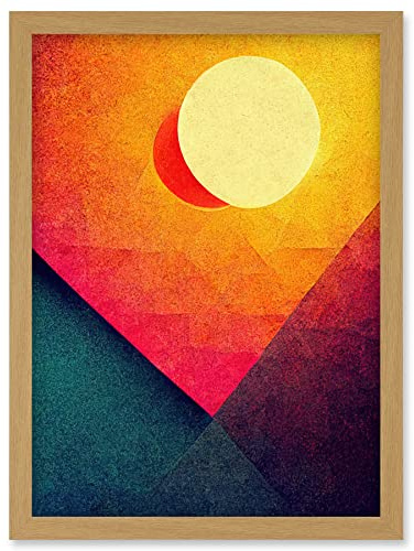 Wee Blue Coo Abstract Geometric Retro Eclipse Moon Sun Yellow Pink Teal Colourful Sunset Artwork Framed Wall Art Print A4