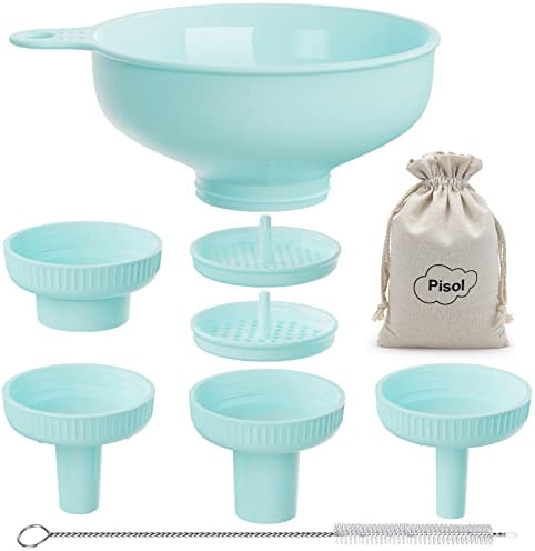Pisol Wide Mouth Versatile Funnel, Canning Funnels for Kitchen Use, Food Grade Plastic Cooking Funnel Set with 4 Size Spouts and 2 Strainers for Filling Different Bottles and Bags, Teal