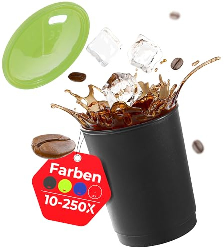 achilles Kaffeebecher mit Deckel, Kunststoffbecher, Mehrwegbecher, Trinkbecher, LFGB geprüft, spülmaschinenfest, stapelbar, 330 ml, Becher schwarz, Deckel grün, 50 Stk.