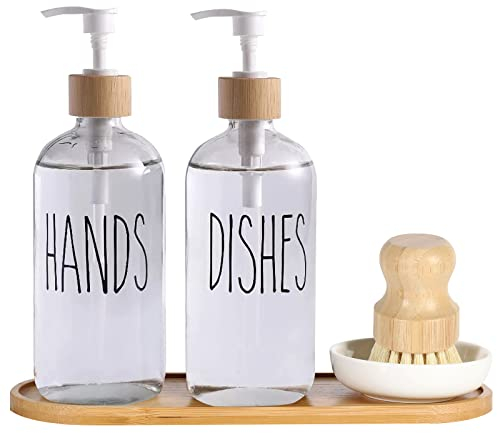 Lot de 2 distributeurs de Savon en Verre avec Pompe - Distributeur de Savon pour Les Mains avec Plateau et Brosse à Vaisselle en Bambou - 473,6 g - Distributeur de Savon de Cuisine (Blanc-1)
