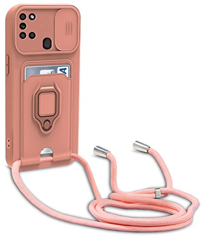Dllatui Handyhülle Kompatibel mit Samsung Galaxy A21S Halsband Lanyard Silikonhülle,mit Kamera Schutz Schieber,Drehbarer Ständer mit Kartenfach Necklace Hülle (Pink)