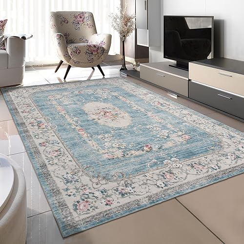 TALETA Teppich Wohnzimmer waschbar rutschfest, Kurzflor Teppich Schlafzimmer, Vintage Teppich orientalisch, Carpet Living Room, Groß: 120 x 170 cm, blau