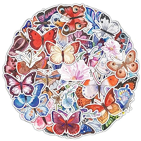 Wasserfarben Schmetterling Aufkleber Schmetterling Sticker Set 50 Stücke Niedlich Deko für Auto Laptop Skateboard Fahrrad Moped Motorrad Fahrrad Computer,Geeignet für Erwachsene Kinder