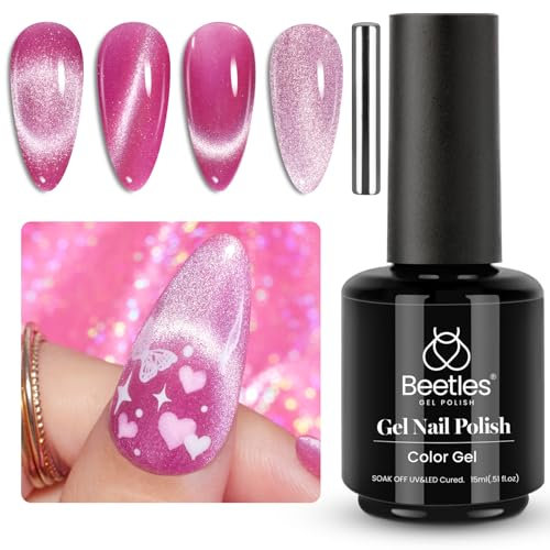 Beetles Gel Polish - 15ml Pink Holographic 9D Cat Eye Shiny Glitter with Magnetic Stick, Soak Off UV Gel Nail Polish for DIY Salon Nail Art