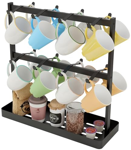 YUMORE Coffee Mug Holder Stand,16 Cup Hooks Countertop Mug Tree Holder Rack with Storage Base 2 Tier Counter Cups Mugs Display Storage Organizer for Kitchen Tea Coffee Bar, Black, Metal