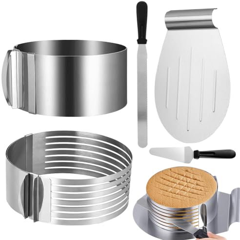 Torten Zubehör Set, 5 PCS Tortenring Verstellbar Backring aus Edelstahl, Tortenboden Schneidhilfe, Torten Set,Tortenbodenteiler mit Gezacktem Schneidedraht für Kuchen Pizzen Desserts zum Hochzeiten