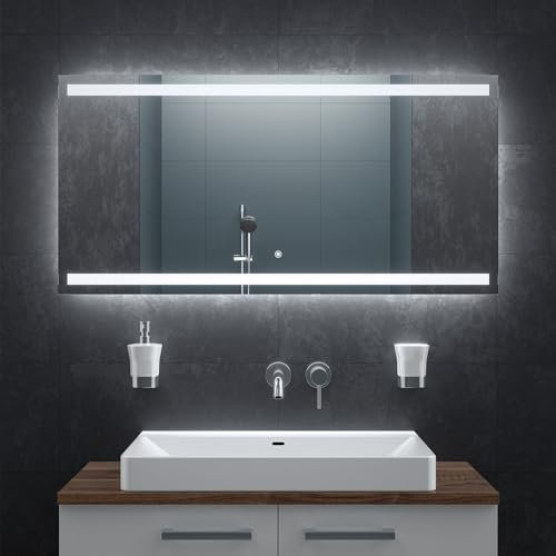BR Bringer LED Badspiegel - 120x60 cm - Badezimmerspiegel mit Beleuchtung und Anti-Beschlag Funktion - Dimmbar, Energiesparend, 3 Lichtfarben, Touch-Schalter und Speicherfunktion (Modell: BRS106)