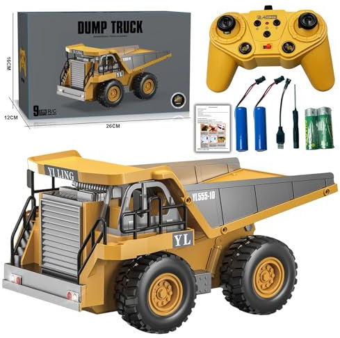 LioMaxi Camion Ribaltabile Telecomandato 9 Canale, Scala 1:20, Quattro Ruote Con Luci e Suono - Giocattolo Spazzatura Dumper per Bambini - Regalo