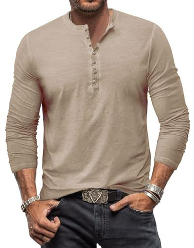 YawYews Mens Long Sleeve Tops Henley T Shirt for Men Cotton Casual Grandad Vintage T Shirts Tee with Buttons Khaki XL
