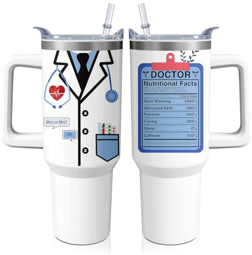 Kearscupra 40oz Doctor Tumbler with Handle and Straw, Doctors Day Insulated Stainless Steel Cup, Surgeon Travel Coffee Mug Water Bottle, Medical Student Gifts for Women Men