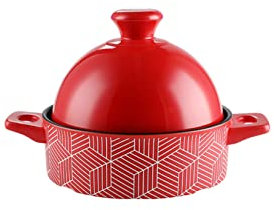 NSTVVEE Ollas, Cacerola de cerámica Retro, Cacerola con Tapa, Utensilios de Cocina de cerámica, Cacerola clásica de Barro para Horno con asa (Roja 1,3 litros)