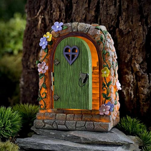 Feentür Garten,Solarlichter Feen-Tür Gartendeko,Miniatur Feengarten Haustür,Glow in The Dark Miniatur für Baumstamm,Retro und Mystische Elfentür Baum,Outdoor Statuen Bäume Fairy Tree Dekorationen