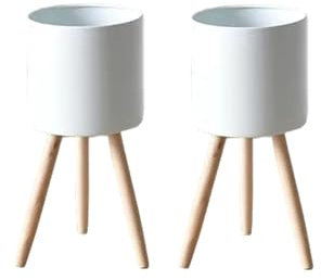 evym Macetero de 20,0 cm de diámetro en juego de 2 con patas de madera estilo escandinavo para interiores/exteriores, maceta de hierro con patas integradas, maceta en colores modernos (blanco)