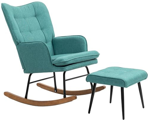 HOMCOM Silla Mecedora con Reposapiés, Mecedora para Lactancia, con Cojín Acolchado, Respaldo Alto, Reposabrazos y Patas de Madera, Carga 130 kg, Sillón Relax para Salón, Dormitorio, Verde Azulado