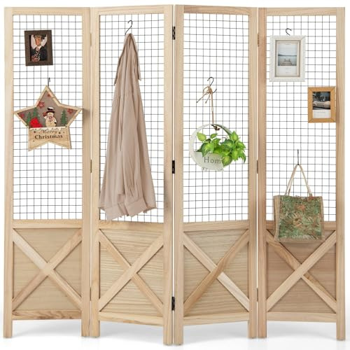 FANTASK 4-teiliges Paravent, 151 x 144cm, Gitterwand-Display, Trennwand Holzrahmen klappbar, Gitterwand zum Aufhängen, Sichtschutz innen Outdoor, dekorativ