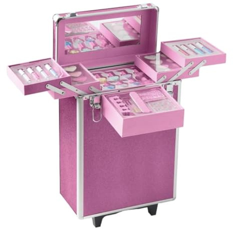 Kids Rolling Makeup Case, Pink Cosmetic Trolley with Multiple Compartments, Extendable Trays 5+ Years