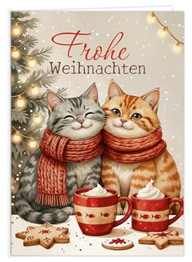6 Weihnachtskarten (ohne Umschlag) – Klappkarten DIN A6 „Frohe Weihnachten“ hochwertige Weihnachtsgrußkarten Motiv Katze Katzen – Christmas Cards – Karten Set