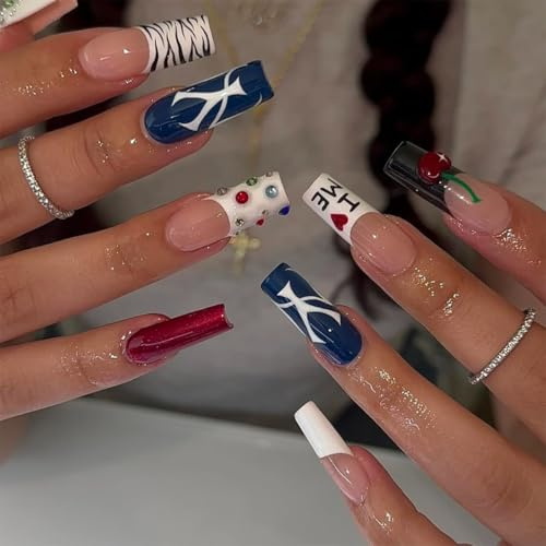 Cherry Square Press On Nails with Blue White French Stripe Rhinestone Details - Cute Cartoon Style ABS Material False Nails for Women Girls Party Daily Wear Long Almond Shape
