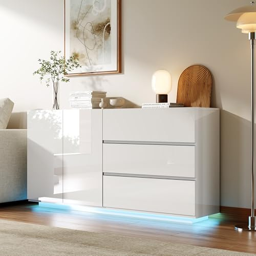 JYCRA Sideboard Kommode Hochglanz Weiß mit LED, Modernes Sideboard mit 2 Türen & 3 Schubladen, TV Schrank füR Schlafzimmer Buffetschrank Esszimmer, Foyerschrank (Weiß, 160 * 35 * 76cm)