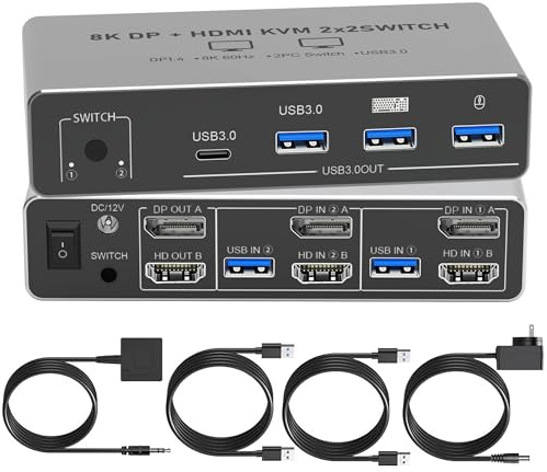 Tendak HDMI Displayport KVM Switch 2 PC 2 Monitore, 8K DP HDMI KVM USB Switch Tastatur Maus Umschalter mit 4 USB 3.0 Ports für 2 PC Share 2 Monitore, Unterstützung 8K@60Hz 4K@120Hz HDCP 2.3