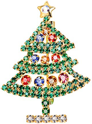 FOCALOOK Weihnachten Brosche 18k vergoldet Weihnachtsbaum mit bunten Kristall Anstecknadel Pins Anzug Jacke Accessoire für Damen Mädchen