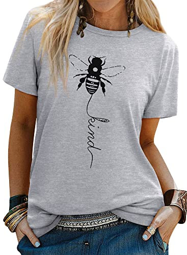 Dresswel Women Bee Kind T-Shirt Ladies Bee Graphic Shirt Crew Neck Short Sleeve Summer Tee Tops(1-Grey, XXL)