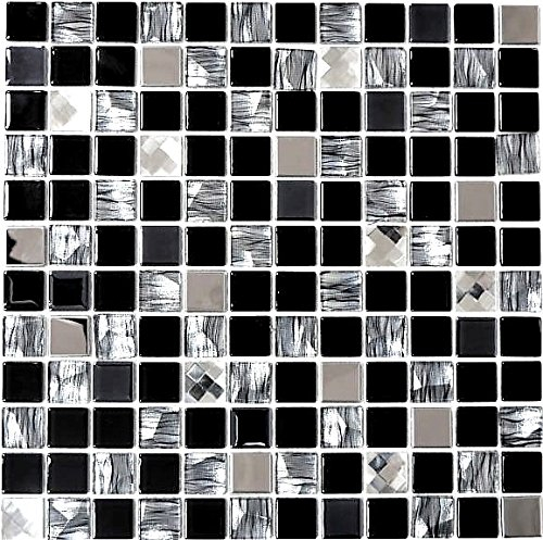 Mosaik Fliese Transluzent Edelstahl schwarz Glasmosaik Crystal Stahl schwarz Glas für WAND BAD WC DUSCHE KÜCHE FLIESENSPIEGEL THEKENVERKLEIDUNG BADEWANNENVERKLEIDUNG Mosaikmatte Mosaikplatte