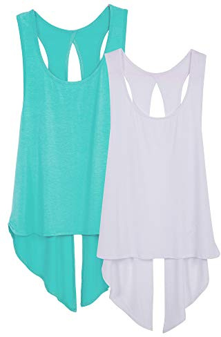 icyzone Damen Sport Top Rückenfrei Fitness Yoga Shirt Ärmellos Sport Oberteile, 2er Pack (M, Pool Blue/White)
