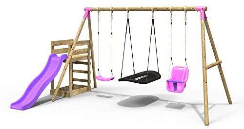Rebo® Wooden Swing Set Plus Deck and Slide - Halley Pink | OutdoorToys | Kids' Playset - Sturdy Construction, Pressure Treated Timber, With Soft-Feel Ropes