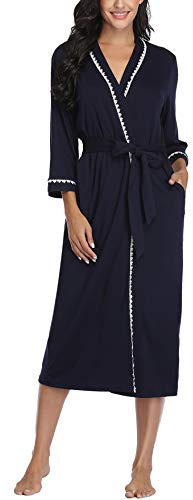Vlazom Womens Dressing Gown Soft Kimono Robe V-Neck Long Knit Bathrobe Nightwear Sleepwear for All Seasons, Navy, M