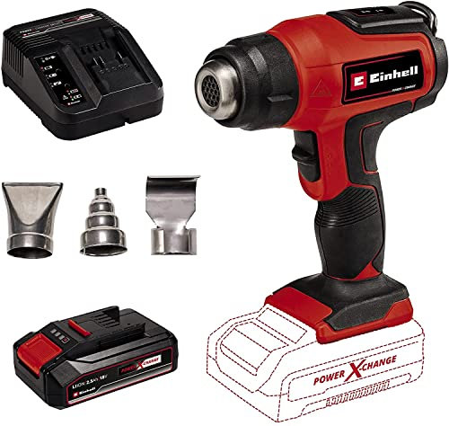 Einhell Pistola de aire caliente a batería - TE-HA 18 Li Power X-Change, Temperatura máx. 500 °C, máx. 200 L/min, 2 escalones de temperatura, incluye 1 batería de 2.5Ah y cargador individual