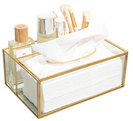 SLHEQING Kosmetiktücher Box Glas Taschentuchbox Beauty Couchtisch Organizer mit 4 Fächer, in denen Telefon, Fernbedienung, Gold Tissue Box Cover