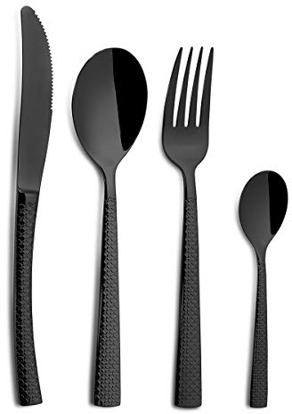 Comas Juego Cubiertos Negros 24 Piezas Conjunto Cuchara, Tenedor, Cuchillo de Mesa y Cuchara Café de Acero Inoxidable de Color Negro. Mango con Relieve. Set Conjunto 24 Piezas
