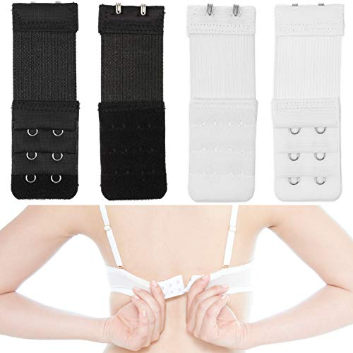 Bequeme BH Verlängerung, 4 Pack, Schwarz, Weiss, Größe XS, 2 x 3 Haken Reihe, für alle BH Modelle, weiches und elastisches Material, Büsten Verschluss Erweiterung, Bra Extender, BH mit Komfort tragen