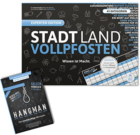 DENKRIESEN - Experten Duo – Stadt Land VOLLPFOSTEN® Experten Edition + Hangman Experten Edition | Kniffliges Spielblock-Set mit 43 Kategorien & 160 Begriffen | Denkspiel & Partyspiel | Geschenkidee