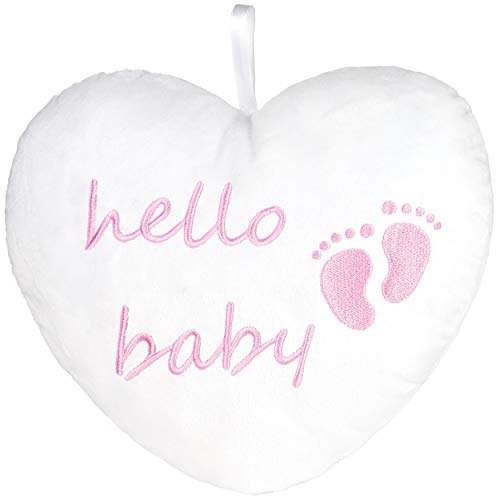 BRUBAKER Plüschherz Hello Baby 25 cm - Babyparty Geschenk zur Geburt - Zierkissen Herz aus Plüsch - Babyzimmer Deko - Kissen für Neugeborene - Baby Mädchen Rosa