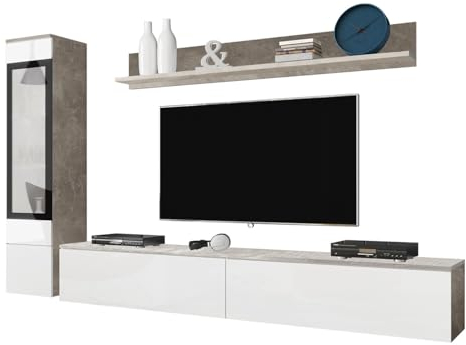 Mirjan24 Wohnwand Doppo I, Schrankwand, griffloses Öffnen, Fernsehschrank, Anbauwand, Mediawand, Wandregal, TV-Lowboard, Hängevitrine (Beton/Weiß Hochglanz, ohne LED Beleuchtung)