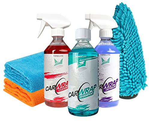 Foxed Care Car Wrap Bundle - FoxedCare CarWrap Cleaner Folienreiniger 500ml, Foliendetailer 500ml, Folienshampoo 500ml + Waschhandschuh & 2x Mikrofasertuch 550GSM