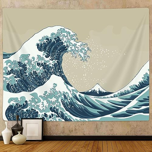 Wandteppich mit japanischem Ozeanwellen-Motiv, die große Welle von Kanagawa Mount Fuji Century Wandteppiche, ästhetische Raum-Wandkunst-Dekoration für Schlafzimmer, blau-weiße Poster, 152.4x101.6 cm