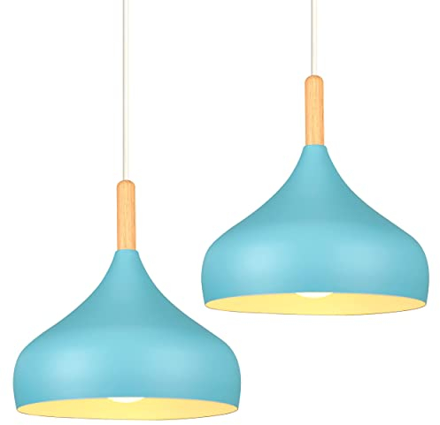 iDEGU Hängelampe Retro 24cm Hängeleuchte Moderne Skandinavisch E27 Deckenleuchte aus Metall Holz Pendelleuchte für Schlafzimmer Esszimmer Küche Wohnzimmer (Blau, 2 Stücke)